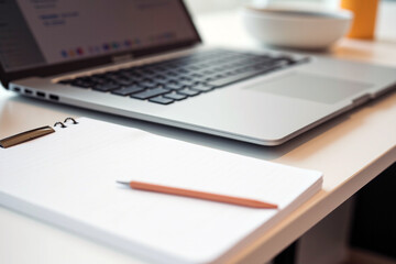 Open laptop with notepad and pencil on desk.