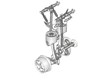 Black motorcycle engine on white background.