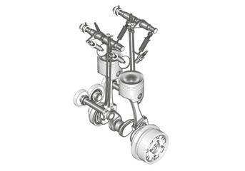 Black motorcycle engine on white background.