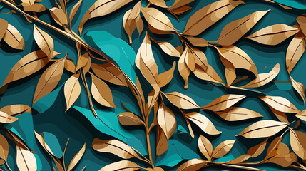 Seamless background with abstract golden leaves on turquoise backdrop for design concepts
