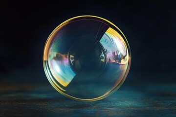 Beautiful translucent soap bubble on dark background. Soap bubble floats, shines, and refracts light on a black surface. Clean, clear, and delicate soap film sphere.