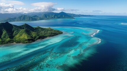 Naklejka premium Aerial view of South Island in New Caledonia with Great Barrier Reef. Turquoise blue ocean, coral reef, and lush green landscape. Majestic scenery, vibrant wildlife, and serene atmosphere.
