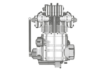 Black motorcycle engine on white background.