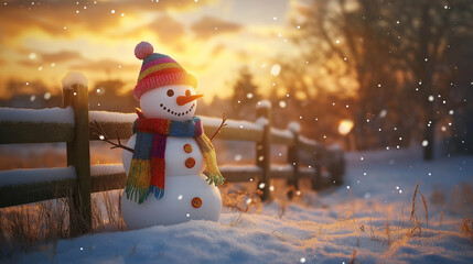 Obraz premium Snowman wearing a cozy scarf and hat standing by a wooden fence at sunset, with snowflakes falling, capturing the warmth and beauty of winter evenings.