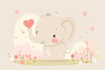 Fototapeta premium Cute elephant with heart balloon celebrating valentine's day in a floral setting. AI