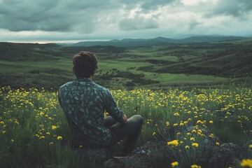 Man sitting alone in field of flowers with a view of green hills and dramatic stormy sky