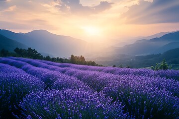 Obraz premium Scenic lavender field at sunset with mountains in background. Peaceful nature background.