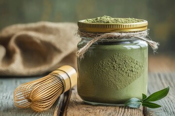A Glass Jar of Matcha Powder with a Bamboo Whisk and Green Leaves