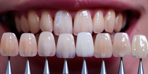 Teeth whitening and quality assurance using a shade guide for an ideal bright smile and lip whitening, alongside color assessment for artificial dental crowns and veneers in oral care and dentistry.