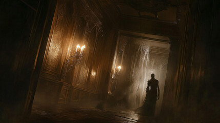 Obraz premium A chilling image of a demon lurking in the shadows of an abandoned mansion, with eerie, flickering candlelight.
