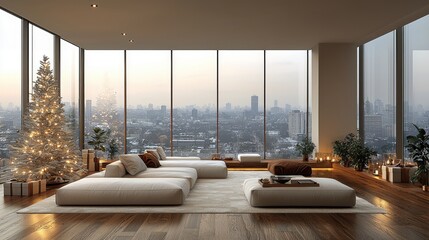 A sleek, minimalist loft apartment with a large floor-to-ceiling window, a modern white Christmas tree with geometric ornaments, presents wrapped in monochromatic paper, and a snowy cityscape outside.