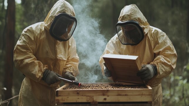 Two professional beekeepers in protective gear collaborating with bee smoker to inspect hive frame