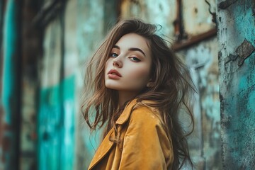 Naklejka premium Young woman with long hair wearing a yellow jacket looking at the camera. Fashion portrait of a young woman.