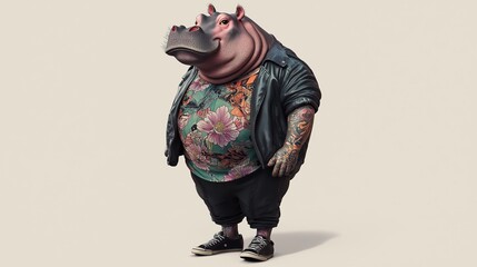 Adorable Hippo in Gangster Outfit with Japanese Tattoo Art and Minimalist Background