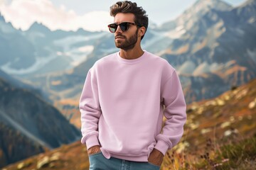 A man in a pink sweatshirt stands on a mountain top, generative ai image