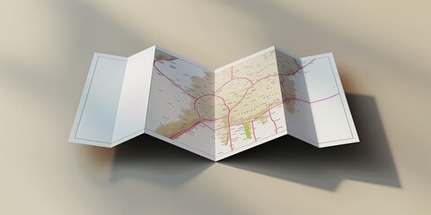 Folded paper mockup of empty map with realistic shadow. Three-dimensional paper sheet with blank cartography design. Isolated graphic illustration of navigation guide.