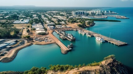 Naklejka premium Aerial perspective of Darwin port in Australia. Port facility with boats, ships moored on turquoise waters. Scenic coastline with white sandy beach, clear blue ocean. Tranquil atmosphere with