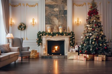 Fototapeta premium Cozy living room with elegant Christmas tree, decorative fireplace, and festive decorations. Soft carpet, warm lighting, and modern furniture create a comfortable atmosphere for holiday celebrations.