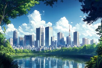Fototapeta premium Anime Cityscape with Lake and Lush Green Trees, Digital Artwork