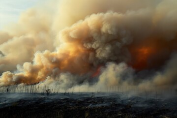 Close-up of wildfire smoke with dense fumes and haze. Burning forest with intense heat and damage. Environmental disaster with hazardous air pollution. California landscape affected by wildfires.