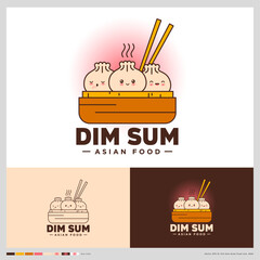 Dim Sum Logo. Chinese restaurant emblem. Three kawaii dumplings with different emotions in traditional serving with chopsticks.