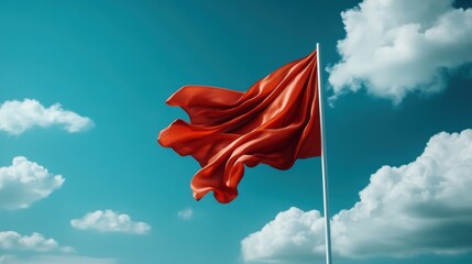 Vibrant Red Flag Billowing Under Clear Blue Sky
