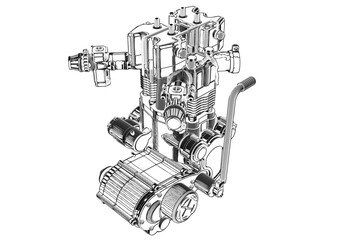 Black motorcycle engine on white background.