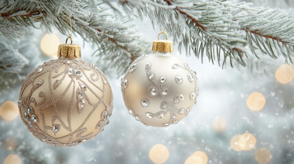 Delicate beige and gold Christmas ornaments on a snow-dusted tree, illuminated by warm bokeh lights, capturing the elegance of winter holiday decor.