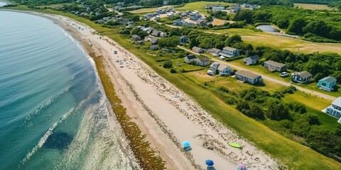 Aerial view of beachfront campground along Rhode Island coastline. Campsite surrounded by ocean water, trees, green plants. Scenic landscape of natural environment. Perfect spot for travel, vacation.