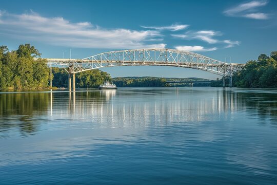 Decatur, Alabama cityscape with Steamboat Bill Bridge spanning Tennessee River. Beautiful blue sky above steel structure. Architectural landmark in city view with water below.