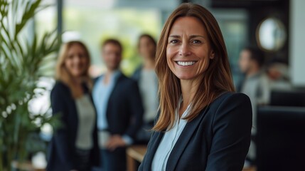 Woman leader in corporate office with confident smile. She wears black blazer, blue shirt and stands against gray background. Her team is present but blurred in the background.