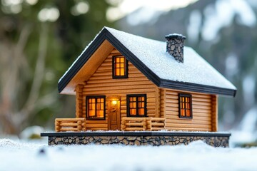 Naklejka premium A miniature log cabin with snow on the roof and a stone foundation in a snowy winter scene.