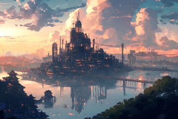 Naklejka premium Fantasy Cityscape at Sunset with Water Reflection