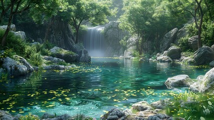 Naklejka premium Serene Waterfall and Tranquil Lake in Lush Forest