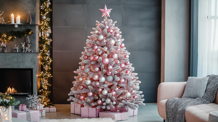 Stylish pink Christmas tree adorned with matching pink presents and soft lighting, set in a modern living space, perfect for a chic holiday celebration.