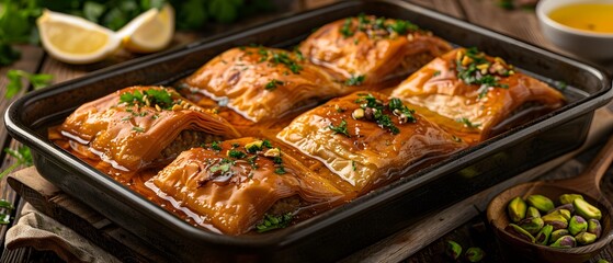 Golden, flaky Baklava with pistachios.