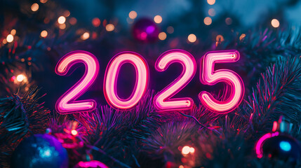 Neon "2025" sign glowing in vibrant colors, surrounded by festive Christmas lights and decorations, symbolizing the excitement of the New Year celebration.