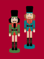 Retro Christmas Nutcracker pair on red Vector Print. Cute Nutcrackers Art Print on red background suitable for Prints, Posters, Canvas Prints, Postcards, Greeting Cards, Party Invitations, Flyers.