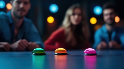 Colorful Game Show Buttons with People in Background