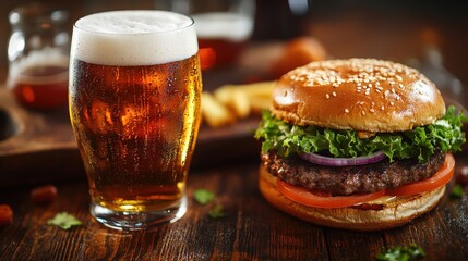 Burger and beer on a wooden board