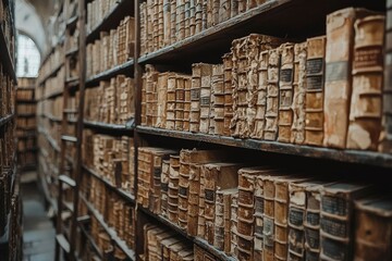 A Close-Up View of Antique Books Lined Up on Wooden Shelves in an Old Library