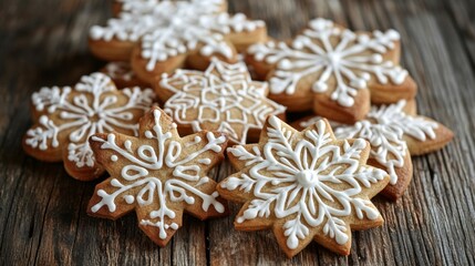 Gingerbread Cookies Decorated with White Icing in Snowflake Shapes