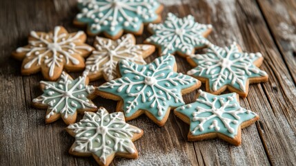 Fototapeta premium Blue and White Snowflake Star-Shaped Cookies on Wooden Surface