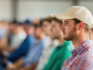 A focused young man wearing a cap, listening intently during a conference with a blurred audience in the background.