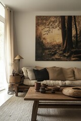 A cozy living room featuring a soft sofa, rustic wooden table, and a nature-inspired artwork, Ideal for home decor themes, interior design blogs, or promoting relaxation and comfort in living spaces,