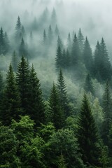Vertical shot of lush forest with coniferous trees covered in mist. Dense green foliage surrounds serene atmosphere. Misty woods create mystical environment.