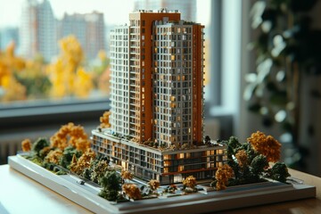 Scale Model of a Modern Apartment Building with Surrounding Trees