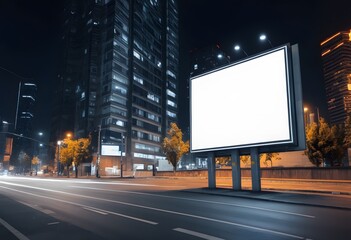 Empty space advertisement board, blank white signboard on roadside in city, Square blank billboard in city in night time