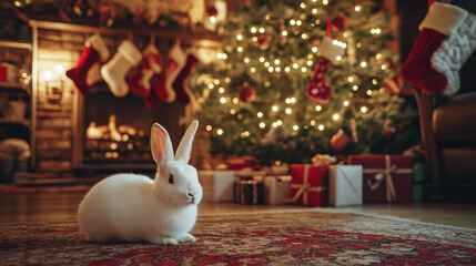 White rabbit sitting on a cozy carpet in a beautifully decorated Christmas living room with a glowing tree, stockings, and presents, creating a festive and warm atmosphere.