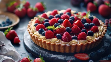 Elegant tart with layers of fruit and pastry cream.